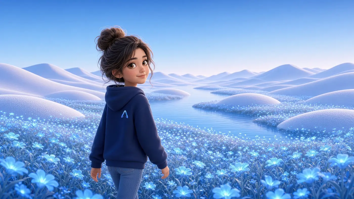 Maya, ALMA’s illustrated AI math teacher, glances back with a smile in a field of glowing blue flowers.