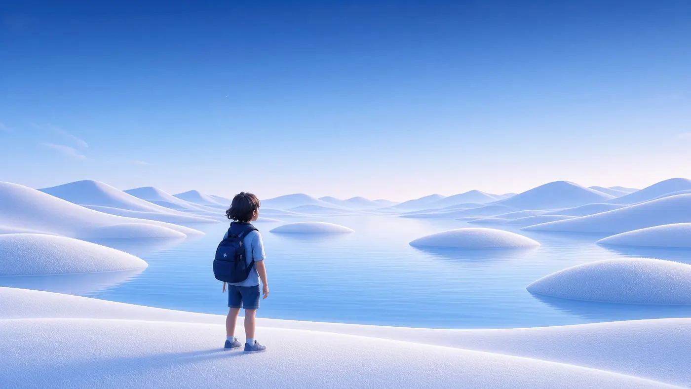 A learner with a backpack stands at the edge of a calm lake, looking out across soft white hills.