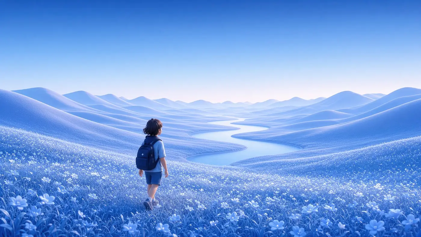 A learner with a backpack walks through a field of pale blue flowers toward a winding river in the hills.