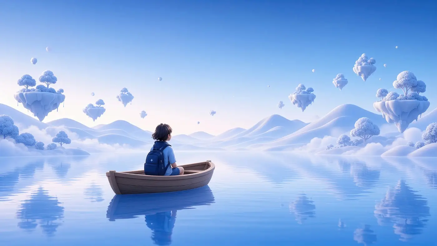 A learner with a backpack sits in a small rowing boat on a calm lake among floating islands.